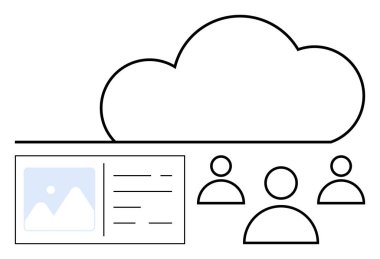 Takım çalışmasını, veri paylaşımını, içerik yönetimini sembolize eden bir belge arayüzünün yanında kullanıcı simgeleri olan bir bulut. İşbirliği, bulut teknolojisi, uzaktan çalışma, ağ oluşturma, veri depolama, dijital