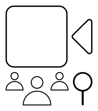 Bir kamera ikonu, üç kullanıcı simgesi ve bir büyüteç içeren soyut video konferans düzeni. İletişim, takım çalışması, teknoloji, çevrimiçi toplantılar, araştırma, bağlantı soyut çizgisi için ideal