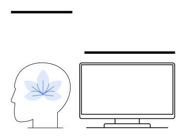 Kafası mavi çiçekli, bilgisayar ekranının yanındaki farkındalığı temsil ediyor. Zihinsel sağlık, teknoloji entegrasyonu, verimlilik ipuçları, dijital öğrenme, iş hayatı dengesi, yaratıcı