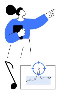 Woman pointing forward, holding a notebook, connecting progression graph, navigation target, and musical note. Ideal for leadership, target setting, decision-making, strategy creativity education clipart