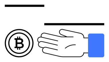 Almak için uzatılmış el, Bitcoin sembolü, yatay çizgiler. Finans, kripto para birimi, işlemler, dijital para birimi, engelleme teknolojisi yatırımı için ideal. Satır metaforu