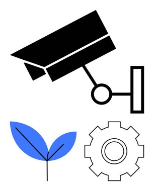 Güvenlik kamerası, mavi yaprak ve teçhizat teknolojiyi, çevresel sürdürülebilirliği ve sistem verimliliğini simgeliyor. Güvenlik, eko-teknoloji, yenilik, büyüme otomasyonu için ideal çevre
