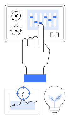 Kontrol panelindeki sürgüleri ayarlamak, hedef işaretleyiciyle grafiği çizmek, ve yaprakla ampulü yakmak. Yenilik, analitik, kontrol sistemleri, büyüme, hassasiyet, sürdürülebilirlik soyut çizgi için ideal