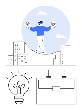 Kavisli bir yolda yürüyen, ampulü dengeleyen ve şehir manzarası üzerinde tokalaşan biri. Yenilik, takım çalışması, liderlik, girişimcilik, kentsel kalkınma, iş büyümesi, soyut düz çizgi