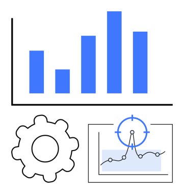 Çubuk grafik, dişli ve hedef sembollü yakınlaştırılmış çizgi çizelgesi analitik, optimizasyon ve performansı vurguluyor. İş için ideal, veri analizi, strateji, büyüme planlama soyut raporları
