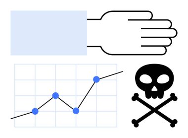 Yükselen bir çizelgenin yanında el hareketi ve çapraz kemikli bir kafatası. Büyüme riskleri, karar verme, dikkat, uyarılar, potansiyel tehlikeler, eğilimler analizi, soyut çizgi düz metaforu için ideal