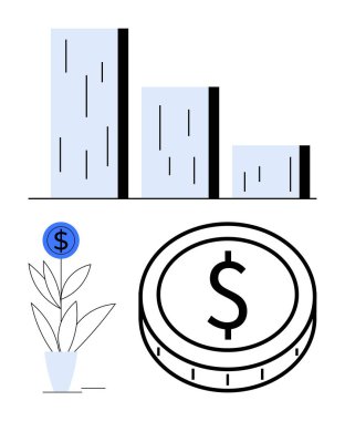 Çubuk grafikte düşüş mali ilerlemeyi gösteriyor, para ve bitki büyümesi yatırım, zenginlik ve sürdürülebilirliği temsil ediyor. Finans, büyüme, iş, tasarruf ve yatırımlar için ideal