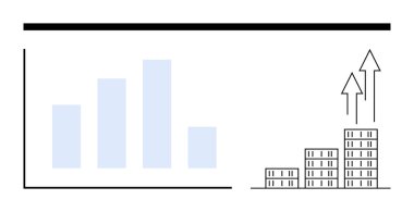 Sol taraftaki çubuk grafik ve sağ taraftaki yukarı doğru okları olan binalar finansal büyüme, performans ve başarıyı simgeliyor. İş, analitik, strateji, finans, girişimcilik için ideal