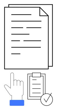 Kalın çizgilerle istiflenmiş belgeler, pano üzerindeki öğeleri seçen işaret eden bir el ve bir kontrol işareti. Çalışma akışları, onaylar, organizasyon, görev yönetimi, düzenleme, üretkenlik çizgisi için ideal