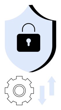 Güvenlik için kilit sembollü kalkan, sistem işlevselliği için teçhizat ve veri transferi için oklar. Siber güvenlik, yazılım koruması, veri yönetimi, şifreleme, bilişim sistemleri, kasa için ideal