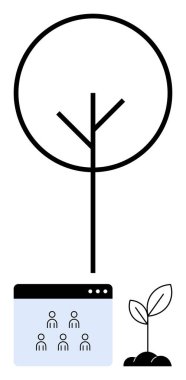 Dijital platformun üzerinde ince çizgili ağaç büyür. Takım ikonları ve yakında filizlenen küçük tomurcukları vardır. Sürdürülebilirlik, dijital büyüme, takım çalışması, topluluk oluşturma, yenilik, hedefler, soyut çizgi