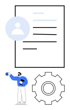 Aerodinamik iş akışını gösteren, dişli ve belge simgeleriyle profil düzenleme işi. İdeal İK uygulamaları, işlem otomasyonu, işe alım, yönetim, takım çalışması, dijital araçlar, soyut düz çizgi