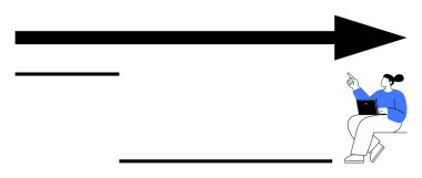 Dizüstü bilgisayarı olan bir kadın büyük siyah bir okun yanında el kol hareketi yapar. Minimalist çizgiler ileri momentum ve ilerlemeyi vurgular. Hedef belirleme, vizyon, iş stratejisi, takım çalışması ve başarı için ideal