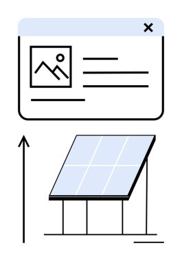 Resim simgesi güneş paneli ve yukarı doğru ok olan tarayıcı penceresi. Sürdürülebilirlik, teknoloji, yenilik, yeşil enerji, verimlilik, büyüme, dijital dönüşüm için ideal. Satır metaforu