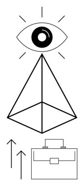 Geometrik piramidin üzerinde bir göz sembolü, evrak çantası ve yukarı doğru oklar var. Vizyon, liderlik, büyüme, strateji, yenilik, iş başarısı için ideal düz çizgi metaforu