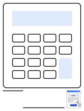 Özetlenmiş düğmeleri ve dijital ekranı olan hesap makinesi, abonelik istemcisi olan küçük uygulama. Finans, bütçe, teknoloji araçları, uygulamalar, kullanılabilirlik, basitlik, soyut düz metafor için ideal