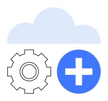 Dişli simgesi ve mavi Ekle düğmesiyle bulut örtüşmesi yapılandırmayı, güncellemeleri ve bütünleşmeyi sembolize eder. Bulut depolama, yazılım güncellemeleri, bilişim çözümleri, yenilik, bütünleşme, otomasyon için ideal