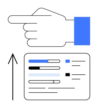 Sol el, veri çubukları ve metin bloklarıyla iş grafiğinin yukarısına işaret ederek, ilerleme kaydettiğimizi gösteriyor. İş stratejileri, büyüme vurgusu, yön işareti, analitik, dijital pazarlama için ideal