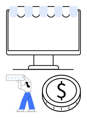 Mağaza vitrinli bilgisayar ekranı, müşteri derecelendirme yıldızları tutan kişi ve büyük paralar. E-ticaret, çevrimiçi değerlendirmeler, mağaza reytingleri, dijital satışlar, geri bildirim sistemleri için ideal