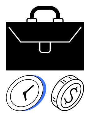 Saat ve dolarla eşleştirilmiş siyah evrak çantası iş verimliliğini ve finansal planlamayı ön plana çıkarıyor. Kurumsal strateji, zaman değeri, yatırımlar, tasarruflar, girişimcilik, kariyer için ideal