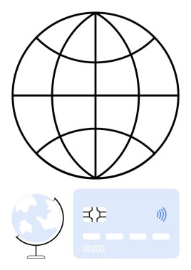 Küresel ikon, dünya küresi modeli ve temassız ödeme kartı. Fintech, e-ticaret, küresel ticaret, ağ oluşturma, uluslararası iletişim için ideal, çevrimiçi ödemeler soyut hat düz metafor