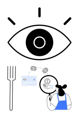 Yukarıdaki dev göz sembolü finansal verileri çatal, kredi kartı ve para birimi simgeleriyle analiz ediyor. Finans, karar verme, veri analizi, restoran yönetimi, bütçe denetimi için ideal