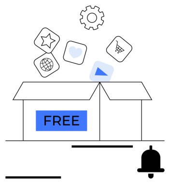 Açık kutu üzerinde yüzen uygulama simgeleri yıldız, kalp, el arabası, dünya, oyun, teçhizat, yakınlarda uyarı zili. Teknoloji için ideal, uygulamalar başlangıç yeniliği pazarlama yaratıcılığı soyut