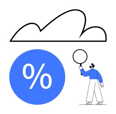 Büyük mavi yüzde sembolün yanında, bulutların altında büyüteç tutan adam. Bulut hesaplama, veri analizi, finans, pazarlama, iş büyümesi, teknoloji ve yenilik için ideal. Soyut çizgi