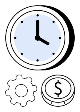 Mavi kadranlı, dişli ve bozuk paralı saat verimli zaman yönetimini, takım çalışmasını ve tasarruf etmeyi simgeliyor. İş, verimlilik, finans, organizasyon planlaması için ideal zaman değeri soyut çizgisi