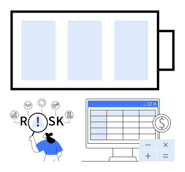 Batarya durumu görselleştirme, kadın ikonlar, büyüteçler ve hesap makinesiyle riski analiz ediyor. Enerji, finans, risk yönetimi, analiz, veri için ideal