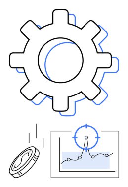 Vites mekanizması, düşen madeni para ve analiz grafiği süreç optimizasyonunu, mali yatırımı ve veri odaklı stratejiyi sembolize ediyor. Finans, iş, büyüme, analitik planlama stratejisi için ideal