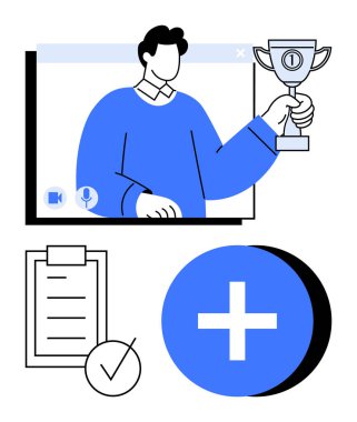 Mavili şahıs çevrimiçi arama sırasında ödül, işaretli kontrol listesi ve büyük mavi artı simge ile yükseltiyor. Uzaktan başarı, sanal takım çalışması, motivasyon, hedef belirleme ve işbirliği için ideal