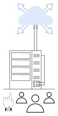 Oklarla bir buluta bağlı sunucular, aşınabilir teknolojiyle etkileşime giren kullanıcı simgeleri. Bulut depolama, dijital iletişim, IoT bağlantısı, veri akışı, uzaktan erişim, bulut teknolojisi, soyut
