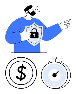 Kalkanı kilitli tutan, riskleri gösteren dolar sembolü ve kronometre gösteren bir adam. Güvenlik, siber güvenlik, finans, zaman yönetimi, aciliyet, karar verme soyut hattı için ideal