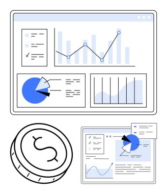 Çubuk grafikler, pasta grafikleri ve çizgi grafiklerini gösteren mali konsol. Dolar madeni para ikonu. Finans, yatırım, iş analizi, veri görselleştirme, ekonomik araştırma bütçesi için ideal