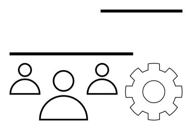 Satır altında birbirine bağlı üç kullanıcı simgesi işbirliğini temsil ediyor. Bitişik dişliler süreçleri, takım çalışmasını, yönetimi, verimliliği ve yeniliği sembolize eder. İş akışı, işbirliği, HR sistemleri için ideal