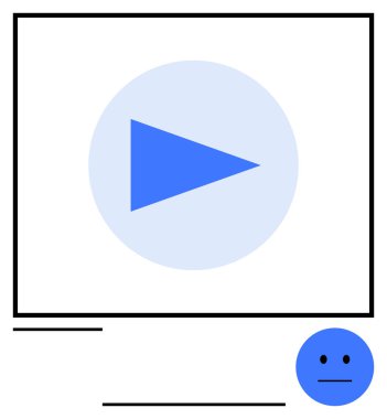 Aşağıda nötr bir duyguyla ekranın içinde mavi oynatma tuşu. Video akışı, dijital medya, eğlence, teknoloji, iletişim, sosyal etkileşim, soyut çizgi düz metaforu için ideal