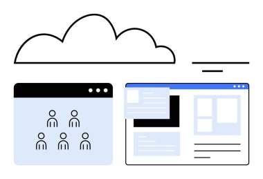 Tarayıcı sekmelerinin üzerindeki bulut ögesi kullanıcı simgeleri ve dosya paylaşım platformu arayüzünü gösteriyor. Takım işbirliği, bulut hesaplama, dijital çalışma alanları, veri yönetimi, içerik paylaşımı için ideal