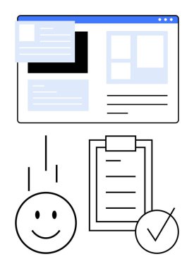 Kartlar ve metin blokları olan tarayıcı pencere düzeni, geri bildirim için gülen yüz, düşen oklar, kontrol listesi panosu ve tik işareti. UX, incelemeler, anketler, hedefler verimlilik değerlendirmesi için ideal