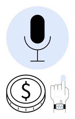 Mikrofon, dolar işareti olan bozuk para, giyilebilir teknoloji ürünlü parmak izi tarayıcısı. Finans, biyometri, teknoloji, güvenlik, otomasyon, fintech soyut metafor için ideal