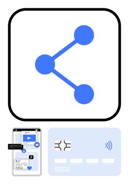 Mavi paylaşım simgesi, sosyal medya özellikleriyle telefon arayüzü ve ulaşılamaz kredi kartı. Ağ oluşturma, çevrimiçi işlemler, dijital etkileşim, bağlantı, sosyal paylaşım, fintech