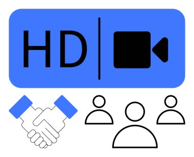 HD video kamera simgesi, el sıkışma ve kullanıcı grubu sembolleri sanal toplantıları, takım çalışmalarını ve bağlantıları temsil etmektedir. İş için ideal, uzak çalışma, ağ oluşturma, işbirliği dijital platformlar