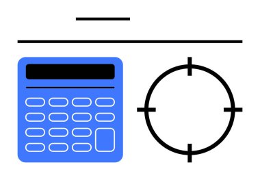 Yatay çizgilerle birbirine bağlı mavi hesap makinesi ve hedef hesabı ve hassasiyeti vurguluyor. Finans, iş planlaması, hedef belirleme, strateji, doğruluk, hedef başarısı için ideal