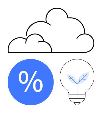 Bulut çizgisi, mavi dairedeki yüzde işareti ve filizlenen bitkili ampul. Teknoloji, çevre, yenilik, tasarruf, büyüme fikirleri için ideal dijital çözümler. Soyut satır düzlüğü