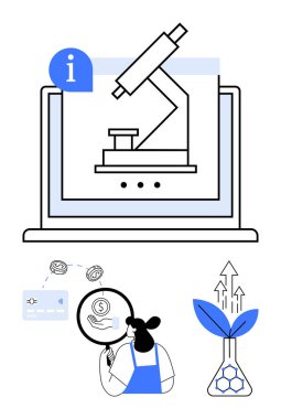 Ekrandaki dijital mikroskop, büyüteçle finansal verileri inceleyen kadın, bitki laboratuarı deneyi. Bilimsel araştırma için ideal, çevrimiçi öğrenme, finans analizi, biyoteknoloji