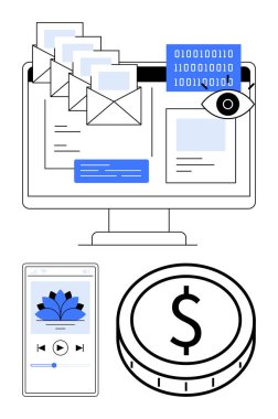 E-posta ve ikili kodlu bilgisayar, çevrimiçi ödemeler için bozuk para ve medya oyuncusuyla telefon. Siber güvenlik, fintech, dijital medya, iletişim, veri gizliliği, soyut akış çizgisi için ideal