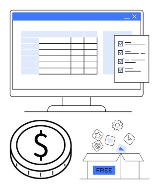 Veri tablosu ve kontrol listesi olan masaüstü monitörü, finans için bozuk para, ücretsiz hizmetlerle dolu kutu. Finans, verimlilik, SaaS, bütçeleme, organizasyon planlaması için ideal dijital kaynaklar. Soyut çizgi