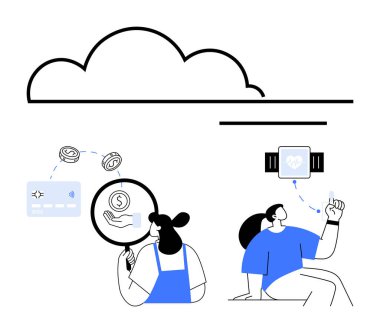 İki insan bulut teknolojisi elementleriyle etkileşime girer. Biri finansal ikonlarıyla, diğeri de sağlık saatiyle. Fintech, sağlık, veri güvenliği, kişisel sağlık, dijital ödeme, bulut için ideal