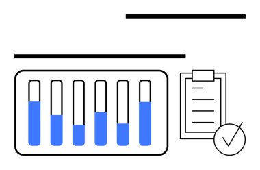Beş test tüpü kısmen mavi sıvıyla dolu, panoda kağıt ve işaret var. Bilim, araştırma, sağlık, veri doğrulama, tanı, laboratuvar süreçleri, soyut düz çizgi için ideal