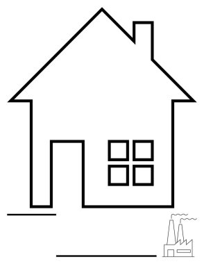 Baca, pencere ve fabrika dumanı yayan basit bir ev çizgisi. Çevre, sürdürülebilirlik, kirlilik, kentleşme, ev ve endüstri için ideal, minimalizm soyut çizgi düz metafor